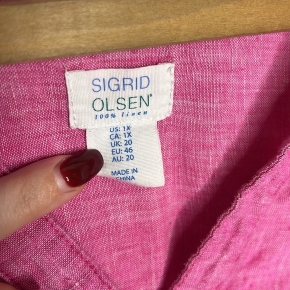 SIGRID OLSEN 100% Linen Pink Valentines Day Shell Button Popover V Neck Blouse - Picture 9 of 12